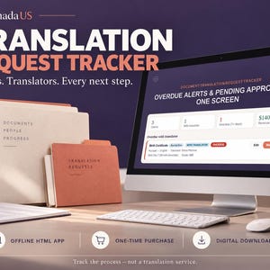 May include: A digital translation request tracker software interface displayed on a computer monitor, accompanied by physical folders labeled Documents, People, Progress, and Translation Requests, with icons for offline app, purchase, and download.