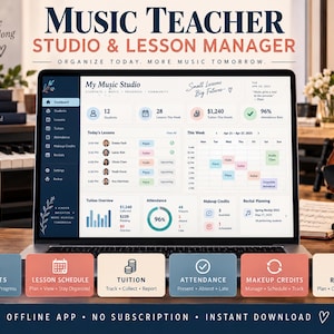 Puede incluir: Una pantalla de ordenador portátil que muestra una interfaz de panel de control para la gestión de estudios y lecciones de música. El software incluye secciones para estudiantes, lecciones, matrícula, asistencia y planificación de recitales.