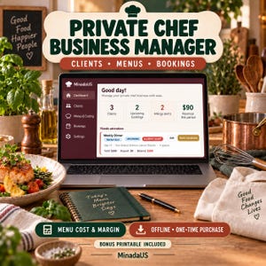 Op de afbeelding: Een laptop toont het dashboard van de Private Chef Business Manager software met secties voor klanten, menu's en boekingen. Het scherm toont statistieken waaronder 3 klanten, 2 boekingen, 2 allergiewaarschuwingen en $90 omzet. Een notitieboek, pen en keukengerei liggen in de buurt.