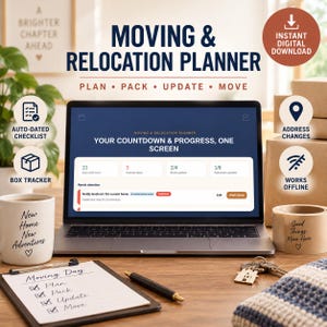 May include: A digital moving and relocation planner displayed on a laptop screen, featuring a countdown and progress dashboard. The setup includes a checklist on a clipboard, a mug with the text New Home New Adventures, and a roll of tape.