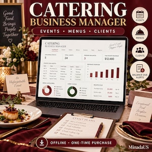 Könnte beinhalten: Ein Laptop zeigt ein Catering Business Manager Dashboard mit Veranstaltungs-, Kunden- und Umsatzdaten. Vor dem Laptop liegt ein Klemmbrett mit einer Checkliste. Der Bildschirm zeigt Text wie Catering Business Manager, Events, Menus, Clients und Balance-Due Alerts.