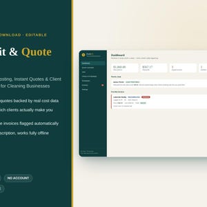 May include: A digital template for a Profit & Quote OS dashboard designed for cleaning businesses. The interface features a dark green sidebar and a light beige main area displaying financial metrics, job costing, and client profitability data.