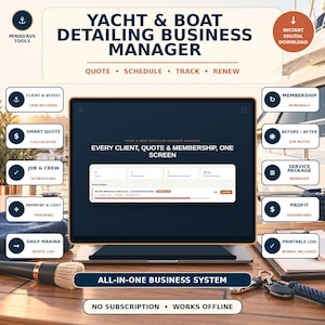 May include: A digital business management system for yacht and boat detailing displayed on a laptop screen. The interface features tools for quotes, scheduling, tracking, and renewals, with text labels for client records, job logs, and profit dashboards.