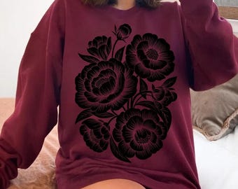 Vintage Linocut Flower Sweatshirt, Peonies & Ranunculus Tee, Retro Block Print Peonies Shirt ,Cottagecore Boho Botanical Floral Long Sleeve