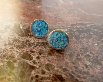 Vintage Turquoise Pierced Stud Earrings / Inlaid Mosaic