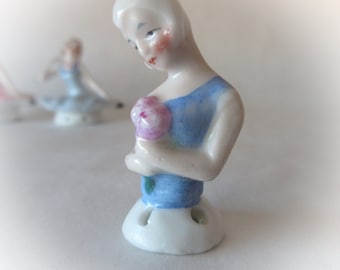 Antique Porcelain 2" German Half Doll / Pin Cushion / Blue / Beehive Hair