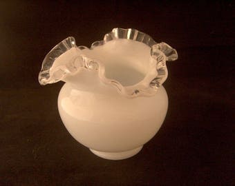 Vintage Vase / Milk Glass / Low Rose Bowl /Fenton / Silver Wave Crest