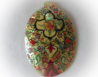 Vintage Persian Pendant / Hand Painted Roses / Mother of Pearl / Ovoid