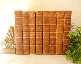 1902 Complete Works of Friedrich Schiller / 8 Volume Set / Marbled Leather / Color Frontispieces / Illustrations / Gilding