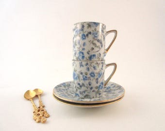 Vintage Demitasse Set / Blue Roses / Cups and Saucers/ Japan China / Gold Trim