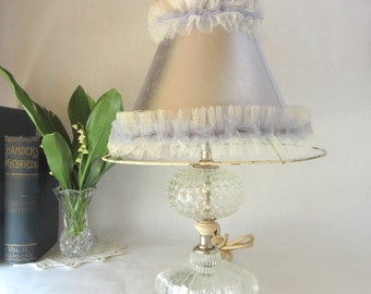 Vintage Boudoir Lamp / Hobnail Base / Ruffled Shade / Romantic French Decor / Powder Blue