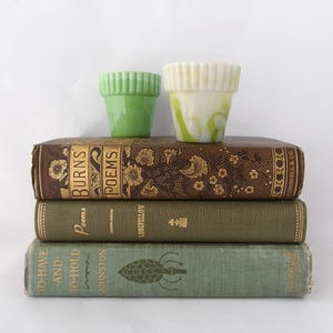 Vintage Miniature Planting Pots / Akro Agate Glass / Jadite Green and Lime Swirl