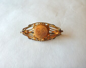 Antique Edwardian Brooch Pin / Gold Filled / Open Filigree / Ovoid / Initial H or A