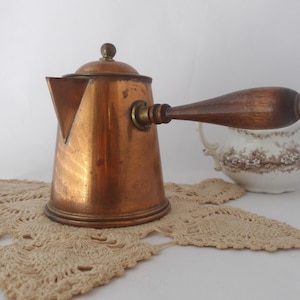 Vintage Harmon Brothers Copper Tea Kettle: 12 oz, Straining Spout, Wooden Handle