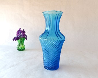 Vintage Azure Blue Norleans Diamond Point Glass Vase