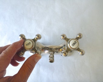 Antique Clawfoot Tub Fixture / Nickel Brass / Wall Mount Downspout / Porcelain Cap Cross Handles