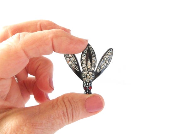 Antique French Jet Fly Brooch: Rhinestone / Hand-Painted Detail / Entomology / Diptera