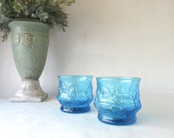 Vintage Glasses / Anchor Hocking / Rainflower / Laser Blue / Set of Two / Tumblers / Low Balls