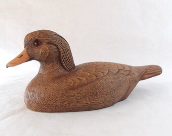 1980s Joe Revello Hand Carved Wood Duck Decoy / Wood Grain Resin / Signed Americana