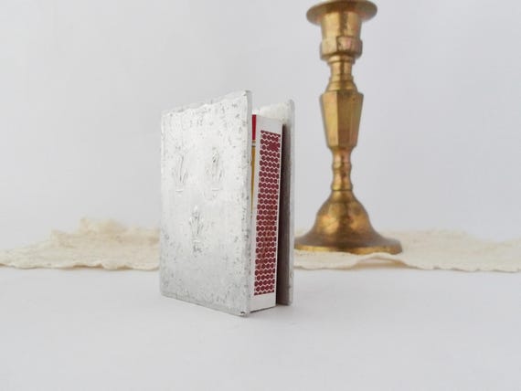 Vintage Hammered Pewter Match Box Holder Fleur de lis Motif
