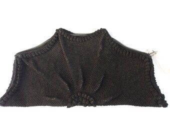 1940s Handmade Crochet / Large / Black Corde Fan Handbag / Lucite Handle / Costume