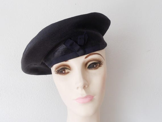 Antique 1920s Navy Blue Straw Beret – Simon Rubin… - image 1
