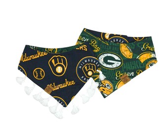 Pañuelo para perro de los Green Bay Packers y los Milwaukee Brewers - Reversible - Con cierre a presión