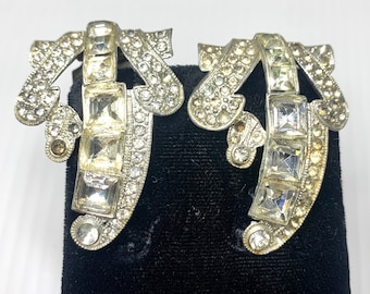 Vintage 1940s pair of silver tone rhinestone dress clips, collar clips, shoe clips
