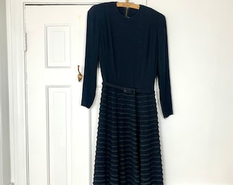 Vintage 40s Black Cocktail Dress, Micro Ruffle Detail, Size S