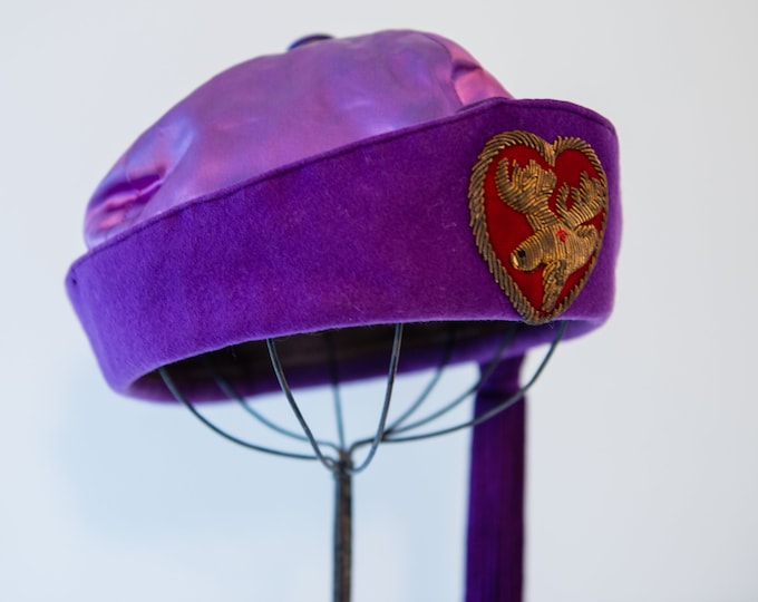 Vintage Royal Order of the Moose purple fez hat with embroidered moose, long tassel and rhinestone tassel pin, 7 3/8