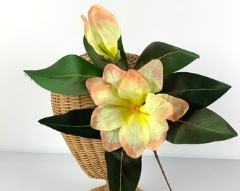 Vintage NOS yellow gardenia flower silk stem, crafting floral, milliner flower, hair flower