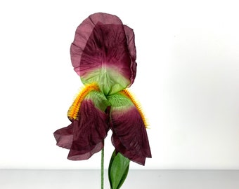 Vintage NOS plum purple bearded iris silk stem, crafting floral, milliner flower, hair flower