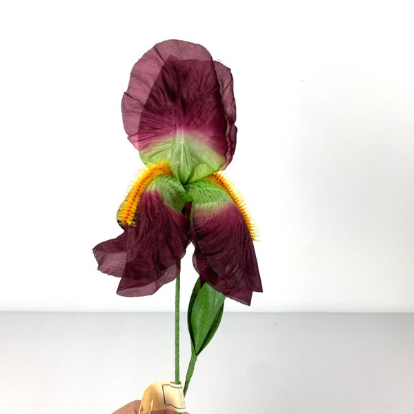 Vintage NOS plum purple bearded iris silk stem, crafting floral, milliner flower, hair flower