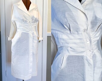 Vintage Ladies Blouse Uniforms Shirt Blue Tuck Pleat Work Wear White Swan Size XS X Small 70s