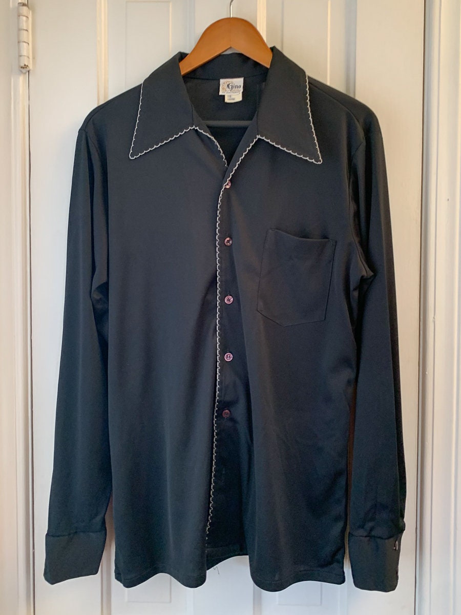 Vintage 1970s men's black knit poly shirt with contrasting edge ...