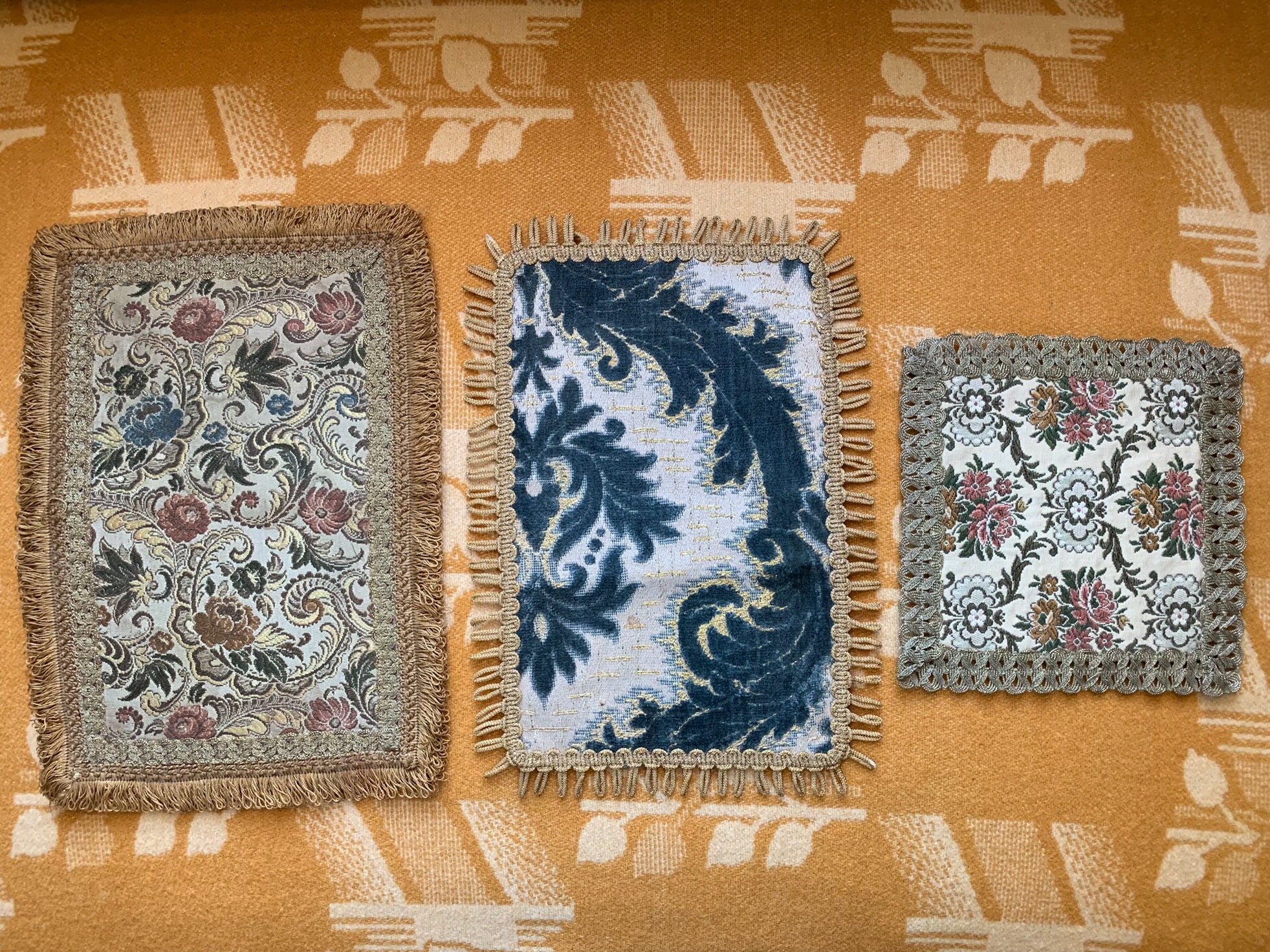 Vintage Collection Of 3 Tapestry Dresser Doilies With Metallic Threads