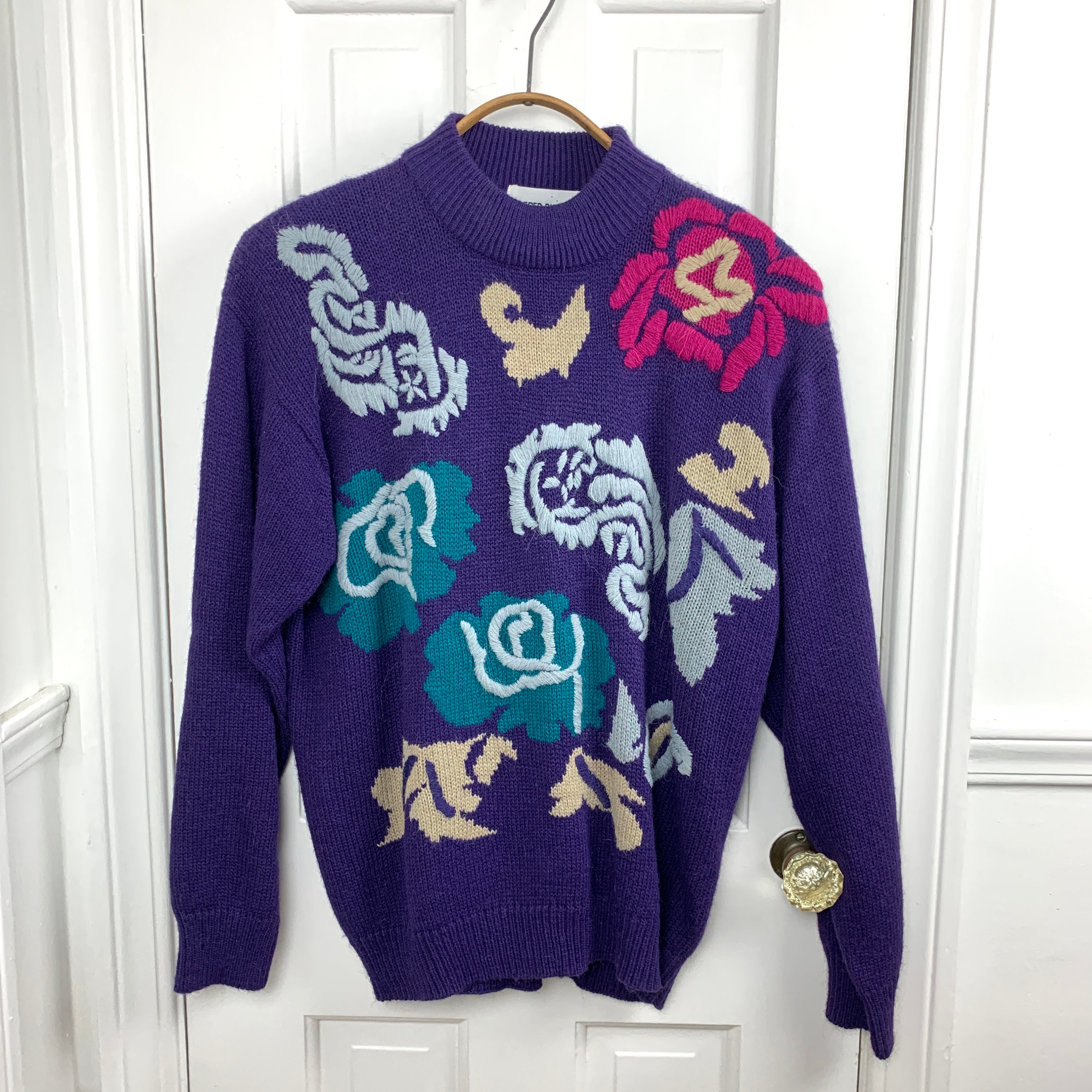 Pullover Sweater, Turtleneck Vintage Etsy 80s Sweater, Novelty Embroidered Size Mock L - Purple