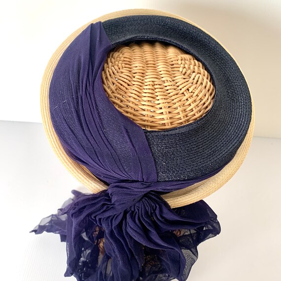 Vintage 50s navy blue & white pillbox hat with la… - image 7