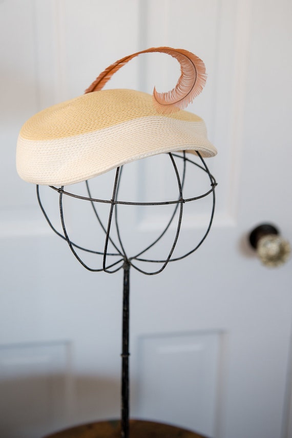 Vintage 50s yellow and cream woven pillbox hat wit
