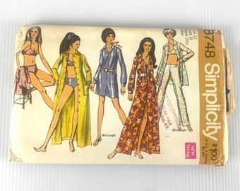 Vintage 1970s maxi dress mini dress hip hugger pants and bathing suit sewing pattern, Simplicity Pattern 8748, Size 12 Bust 34 Waist 25.5