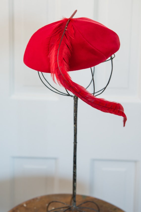 Vintage 50s red velvet pillbox hat with long red f