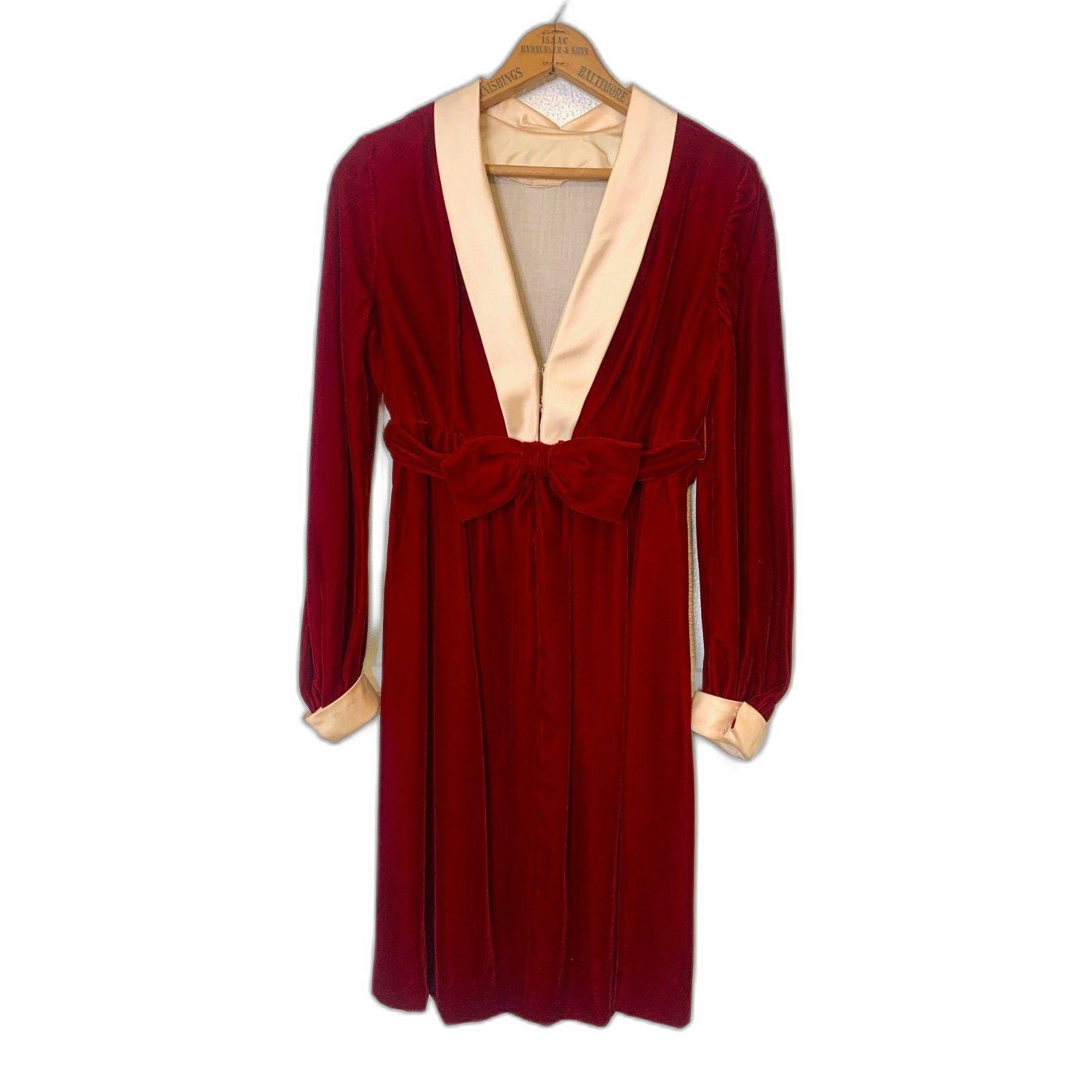Vintage 1960s Red Velvet Empire Waist Dress Ivory Satin Collar & Cuffs Mod XS/S
