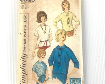 Vintage 50s/60s kimono sleeve blouse sewing pattern, Simplicity Pattern 4549, Junior/Teen Sz 11