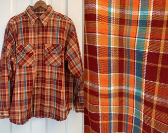 Vintage men's orange & brick red plaid button down shirt, twill workwear shirt, Size XL
