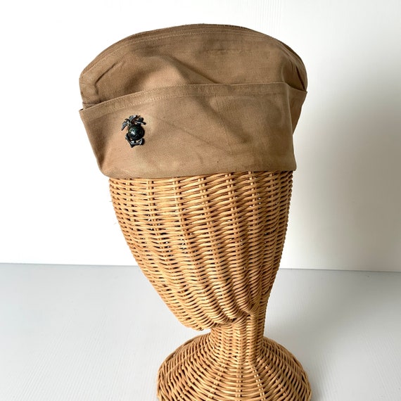 Vintage WWII Era Garrison Cap w/EGA USMC Marine Corps Enlisted Man Khaki Cotton Sz S/M