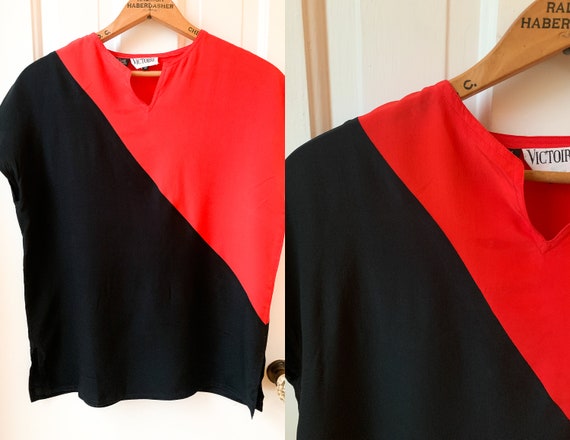 Vintage 70s red & black color blocked silk blouse