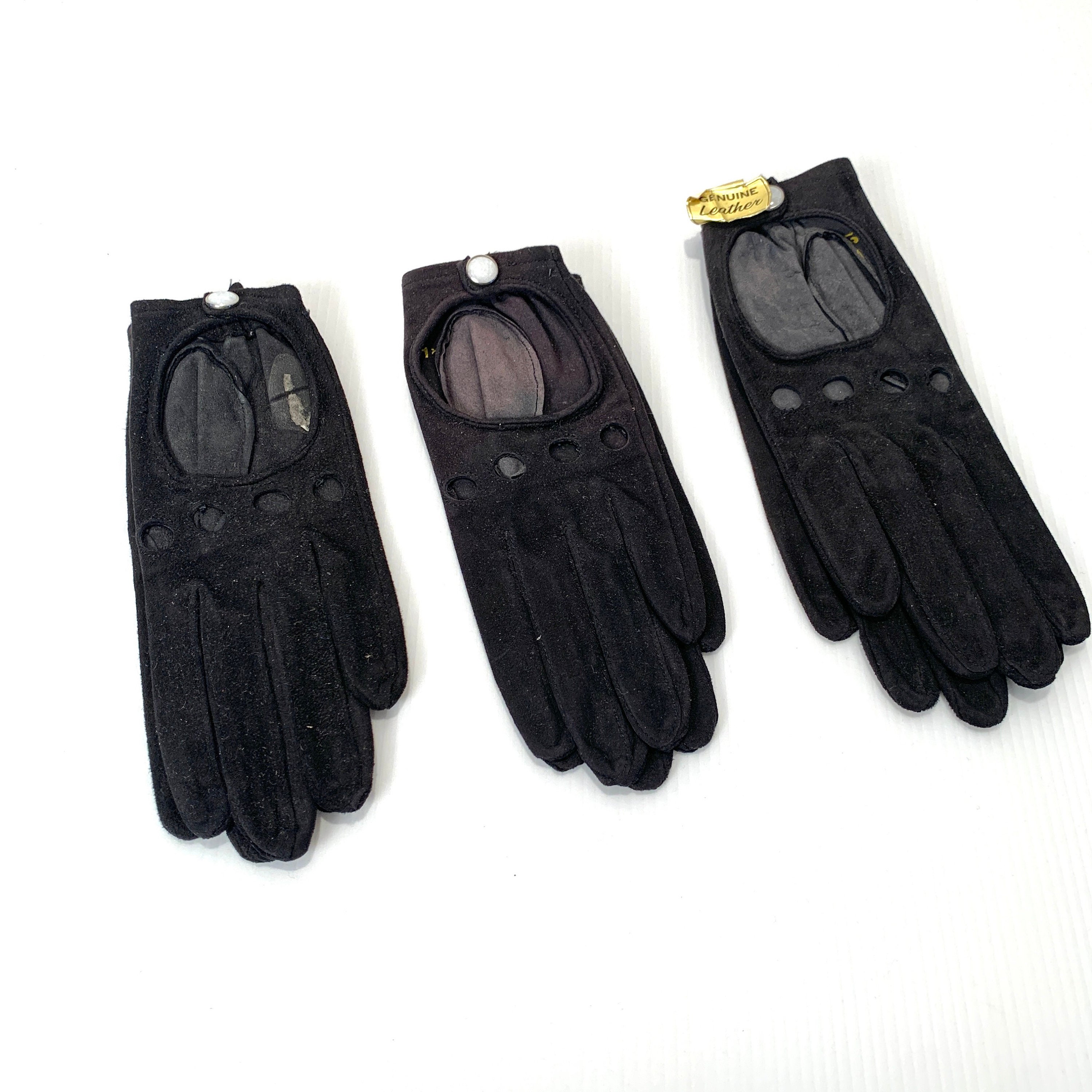 Vintage Black Leather Driving Gloves With Open Back and Pearl