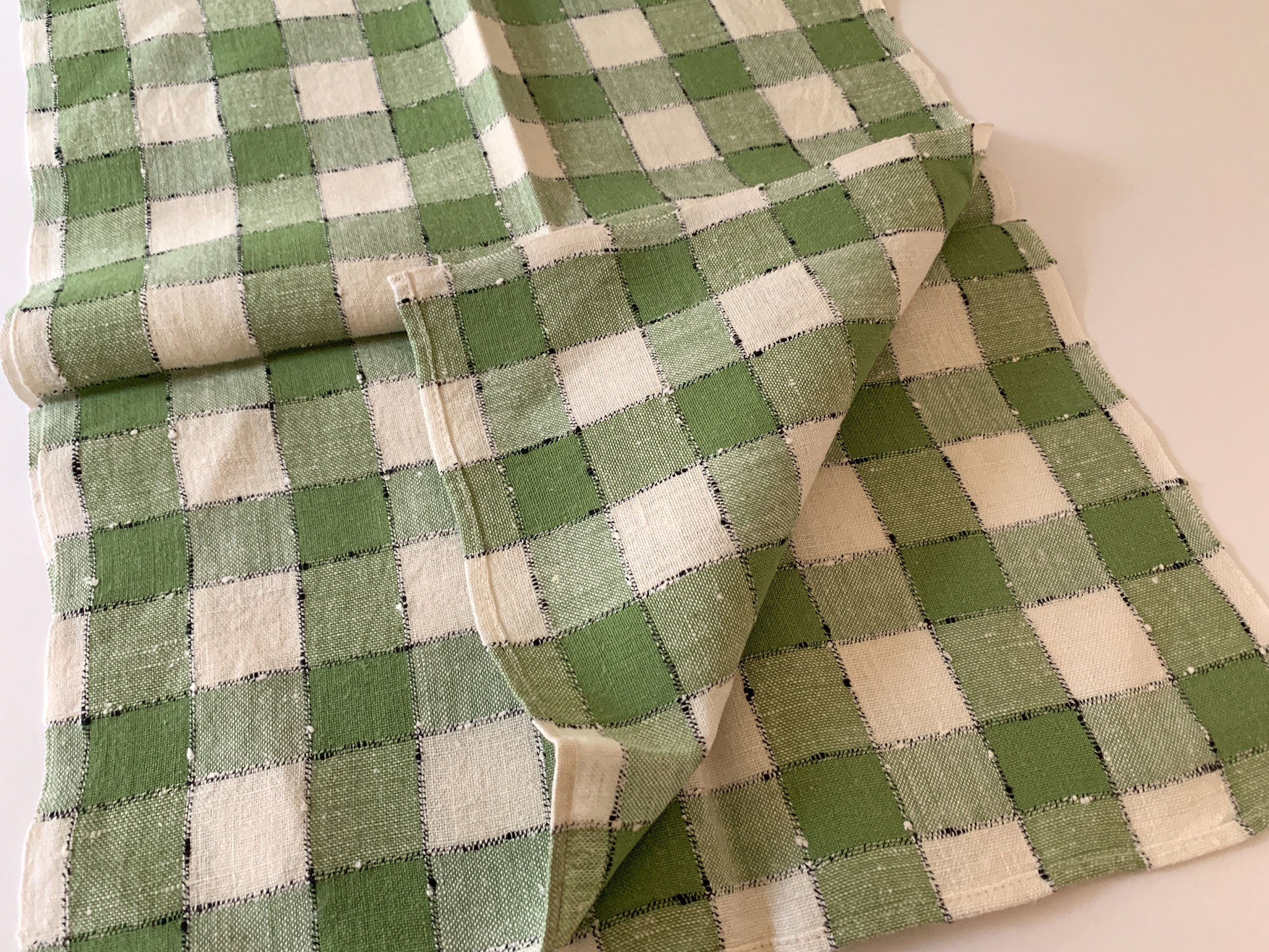 Vintage green and white check linen dish towel, kitchen towel or tea towel