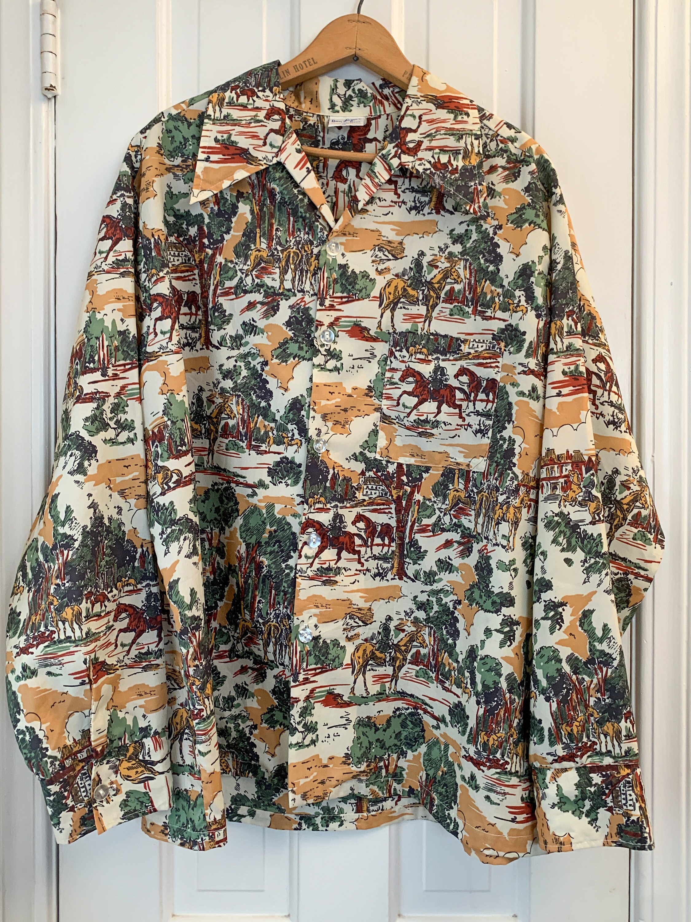 Vintage 70s men's equestrian themed polyester button down shirt, horse ...