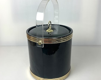 Vintage dark green vinyl ice bucket with lucite hand and gold details, vintage drink and barware